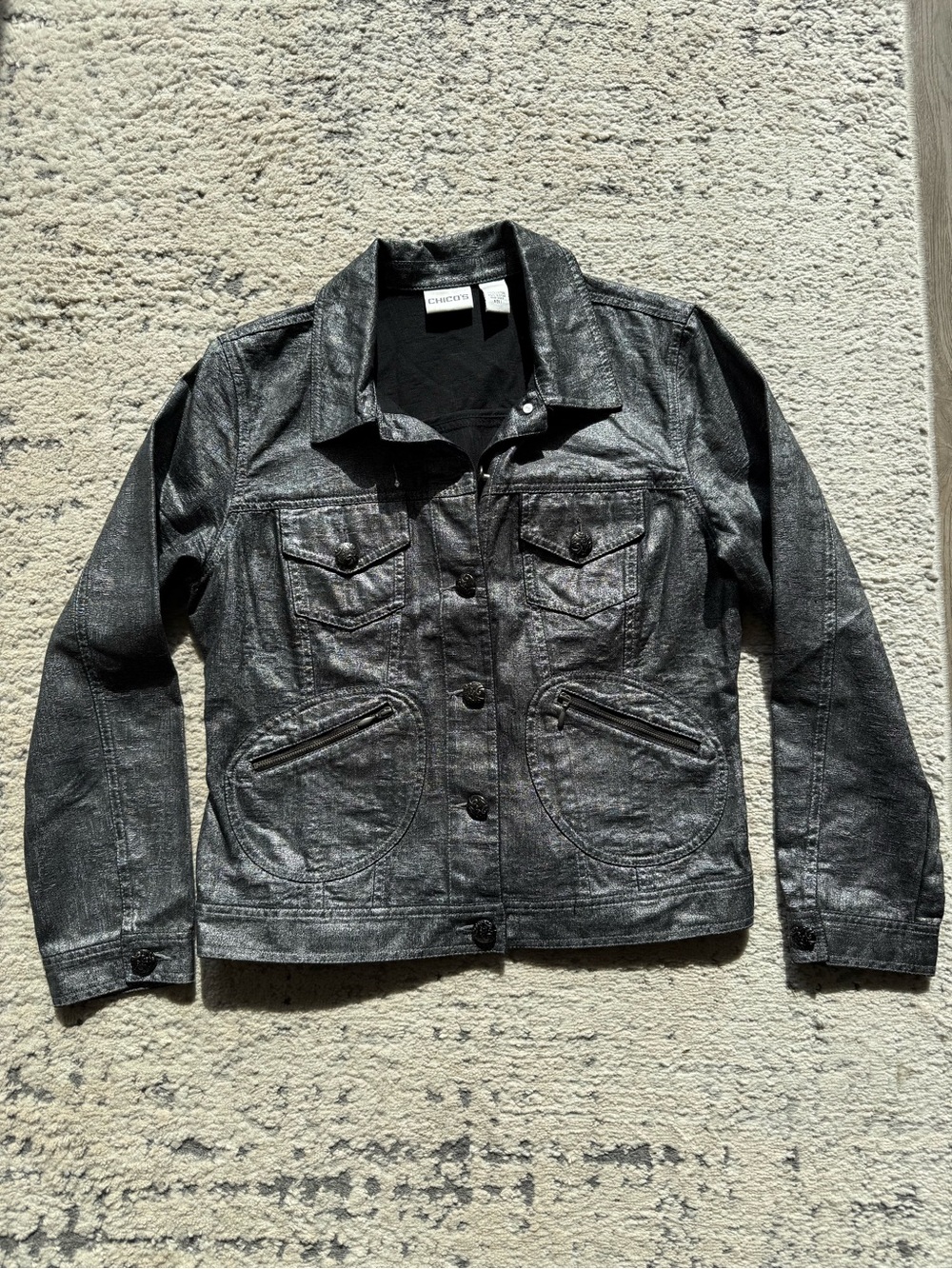 Chicos-Like New Woman’s Chic Metallic Gunmetal Button Up Jacket Size 1 (Medium) - Picture 4 of 11